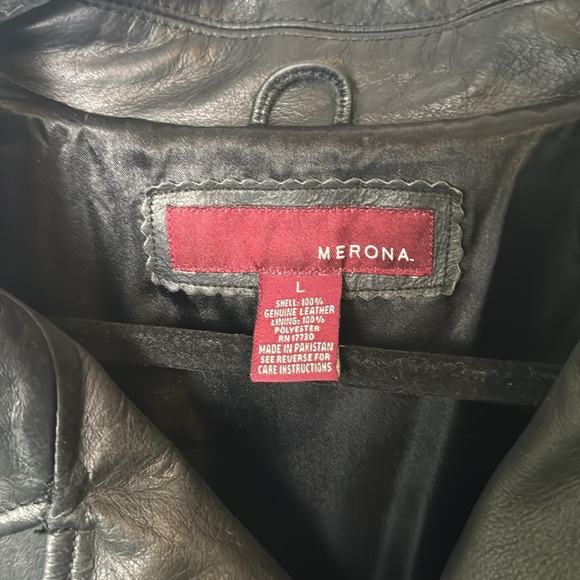 Vintage Merona Genuine Leather Black Long Trench Button Up Collared Jacket SZ L - Picture 5 of 8